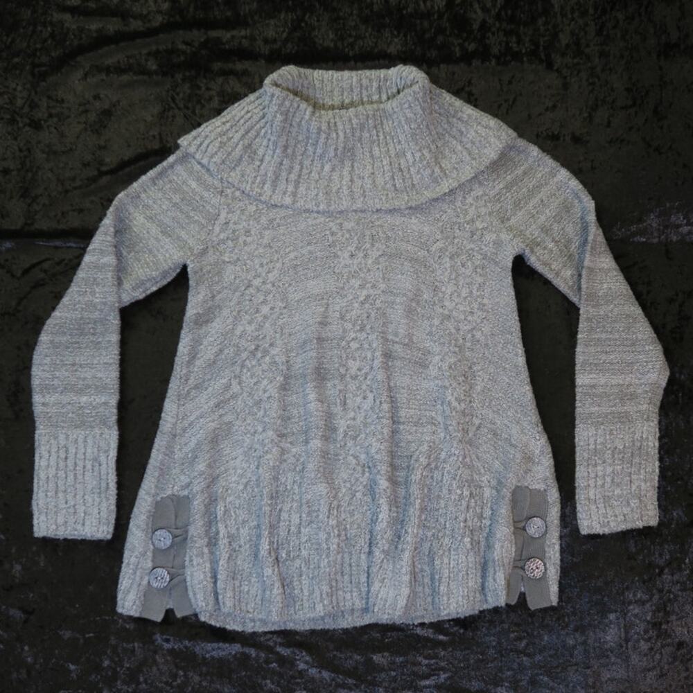 Chunky Cable Knit Oversized Cowl Neck Gray Sweater Wool Button Chadwick's Medium